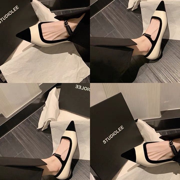 French style single shoe women's evening style pointed light mouth color blocked belt buckle thick heel flat bottom Mary Jane shoes