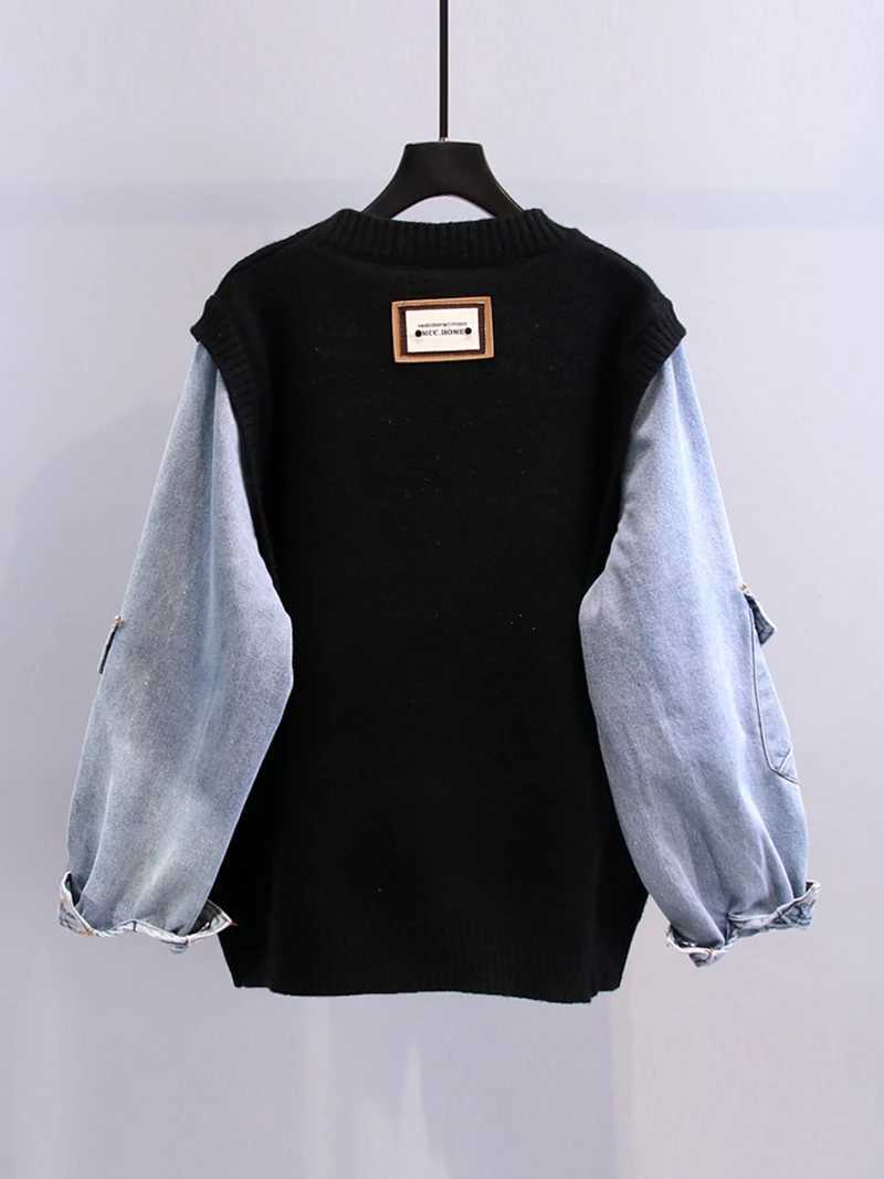 Smiling Face Loose Sweater Top Womens Denim Sleeves Round Neck Zipper Jumper Winter Fashion Street Clothing Fashion Knitted W240918