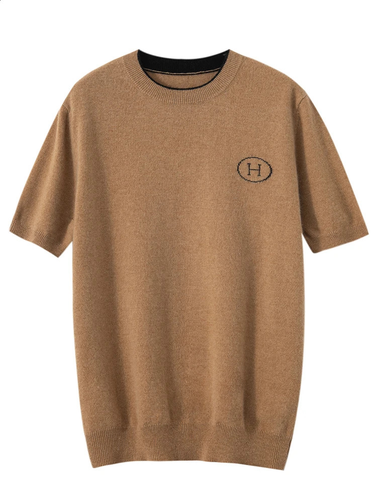 Spring Summer Men 100 Cashmere Sweater ONeck Short Sleeves Pullover H Contrast Color Knitwear Soft Casual Knitting Top 240907