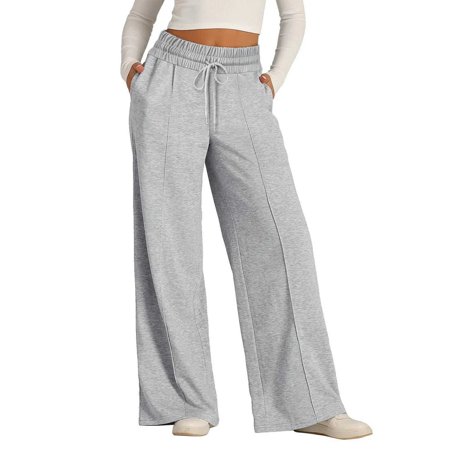 Womens Pant High Waisted Cotton Linen Pants Drawstring Waist Wide Leg Loose Trousers with Pockets M240918