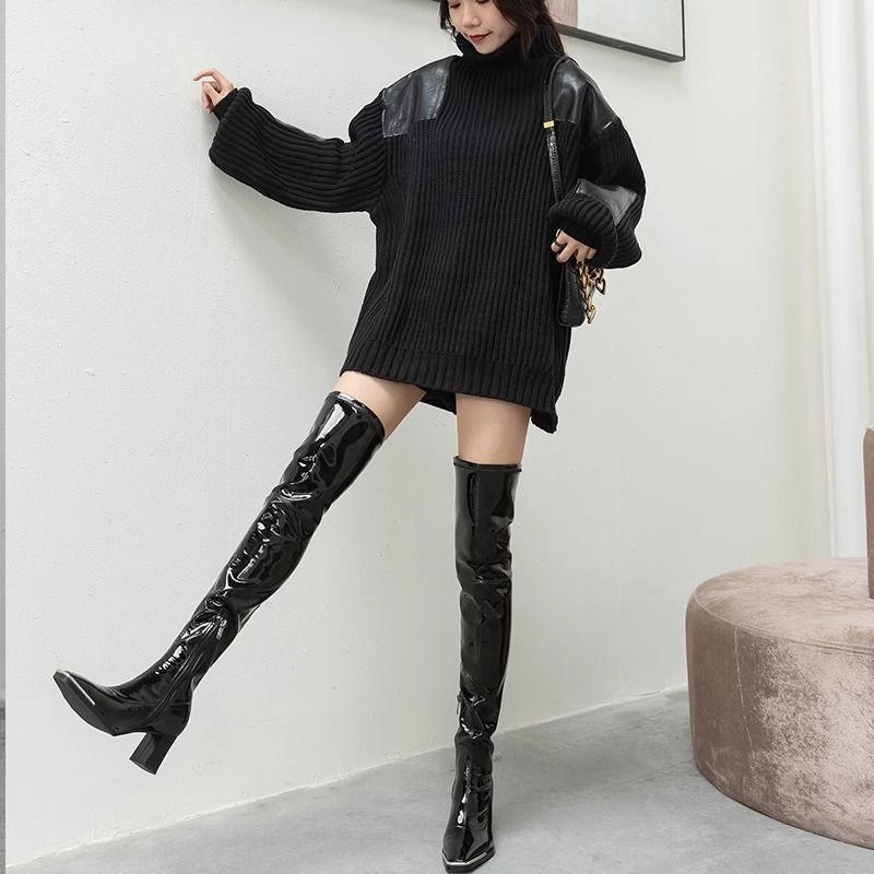 Free Shipping New Knee High Boots Designer Patent Leather Boots Women Thick Heels Winter Snow Martin Boots Over The Knee Boots Thick Soled Winter Boot