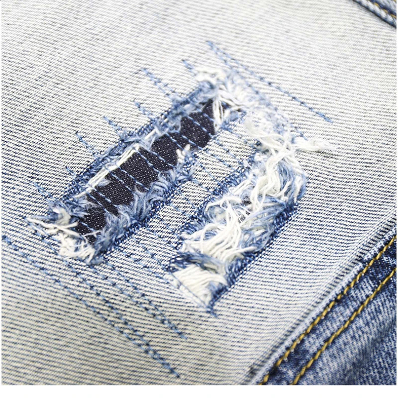trend for autumn and winter mens straight slim fit jeans with torn hole patches retro cool and fashionable patchwork denim pants 240918