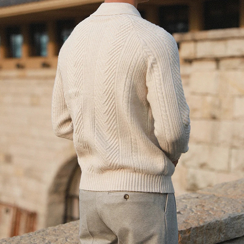 Fashionable Textured Knitted Sweater Mens Polo Shirts Long Sleeve Turn-down Collar Zipper Jumper Tops Autumn Men Knit Clothing