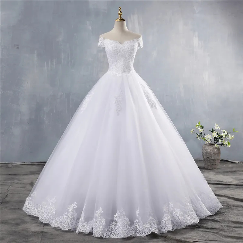 Ball Gown Off The Shoulder Wedding Dresses Short Sleeves Bridal Dress White Ivory Lace Appliques