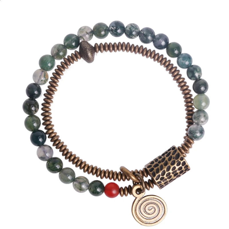 Small beads two rows of mossy stone chain bracelets green ocean grass hands Beatles copper charm jewelry womens amulets 240918