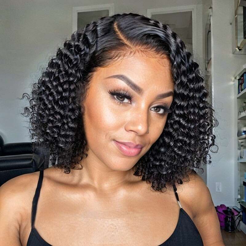 Sophianna 13X4 Short Curly Human Hair Bob Wigs 13X6 Lace Frontal Wig Deep Wave For Women Natural Black Color