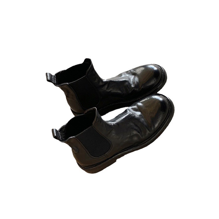 Wrinkled Thick-Heel Chimney Boots: Stylish Washed Horse Skin Leather Elastic Boots for Women 6cfe