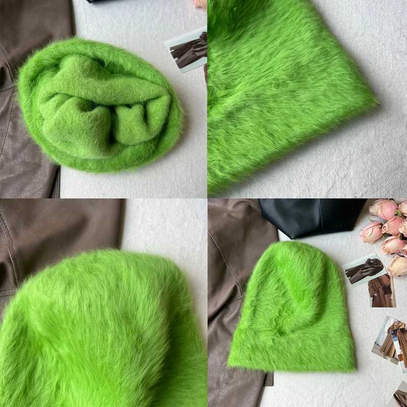 Beanie/Skull Caps 2024 Fashion Rabbit Skin Y2k Beanies Womens Soft and Fluffy Angora Winter Knitted Hat Womens Plush Windproof Hat Skull Hat J240913