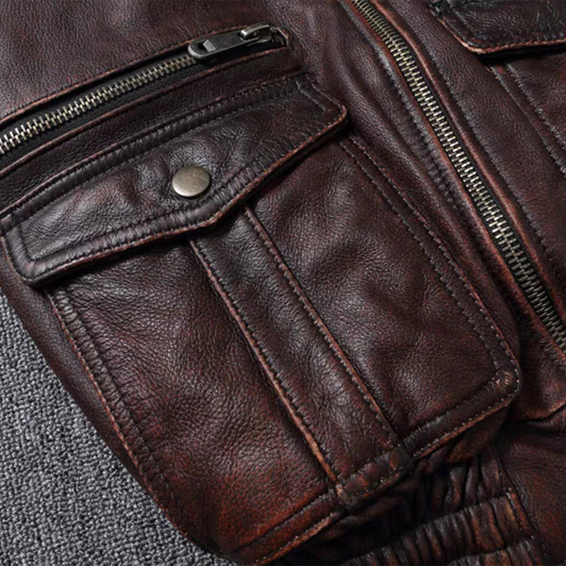 New Genuine Leather Vintage Stone Milled Top Layer Cowhide Bomber A2 Brown Men's Calfskin Motorcycle Jacket