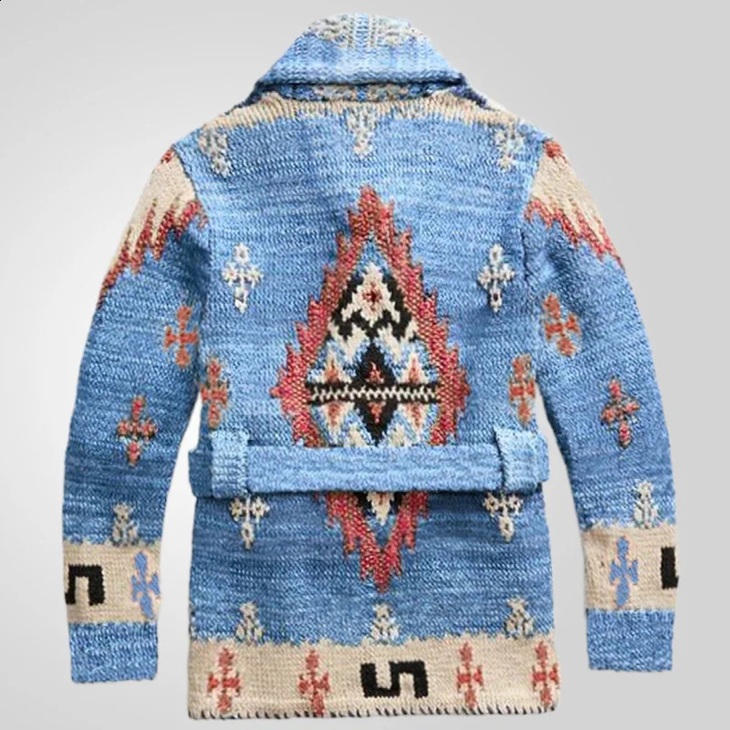 Retro Jacquard Males Sweater Autumn Winter Thick Midlength Knitted Jacket with Belt Mens Cardigan Embroidered Coat Streetwear 240918