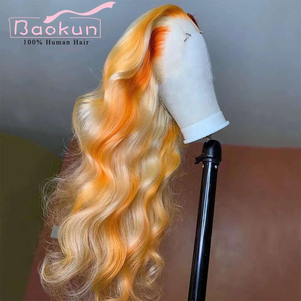 Green Highlight 13X6 Front 180 Density Orange Brown 613 Body Wave Human Hair Wigs 13X4 Transparent HD Lace Frontal Wig