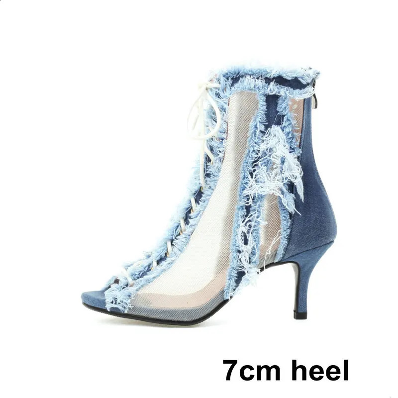 Brushed Fringes Denim Jeans Punk Gothic Lace-up Summer Women Peep Toe Thin High Heels Blue Stiletto Boots Sandals 240911