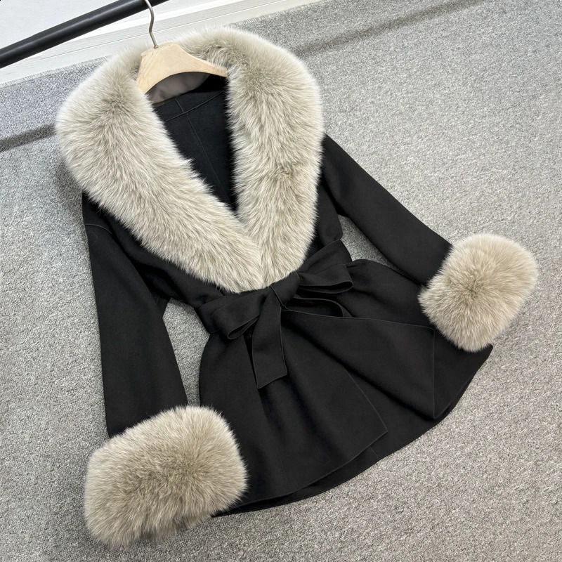 Janveny Womens Wool Coat Autumn Winter Natural Real Fox Fur Jackets Detachable Fluffy Fox Fur Trench Lady Outerwear 240911