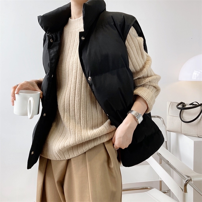 Stand Neck Puffer Cotton Vest Beige Black Autumn Winter Loose Vest Women Jacket 240911