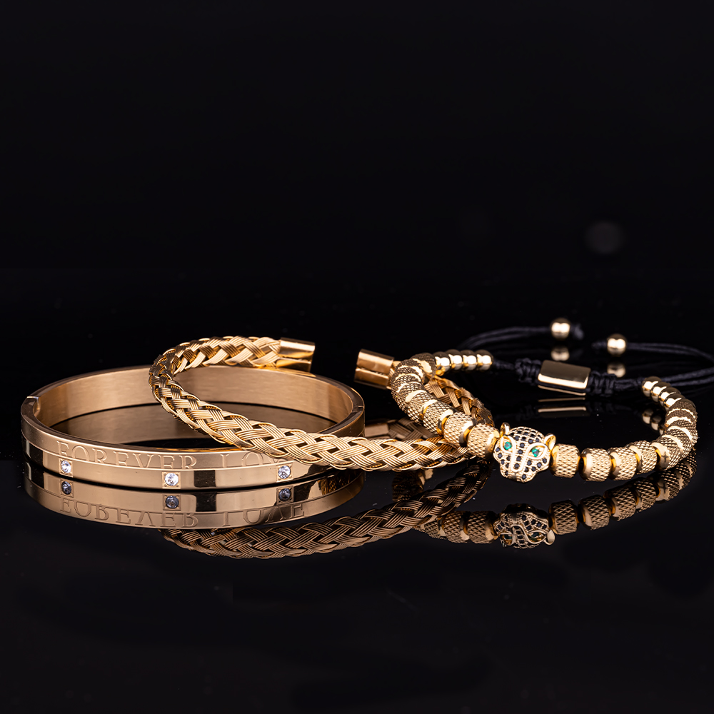 3pcs/set Men Bracelets Classical Handmade Braiding Bracelet Hip Hop Men Pave CZ Leopard Head Roman Numeral Bracelet Stainless Steel Jewelry