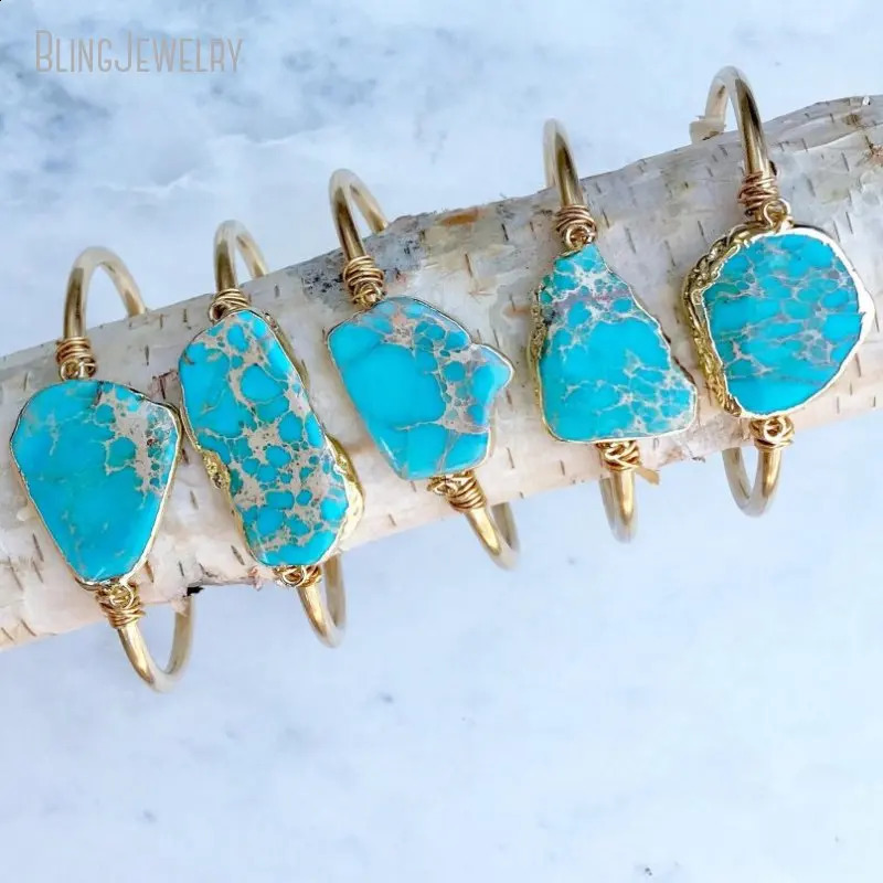 10pcs Turquoise Bangle Bracelet Sediment Jasper K Gold Color Stainless Steel Cuff Women Bridesmaid Gift Boho Wedding Jewelry 240914