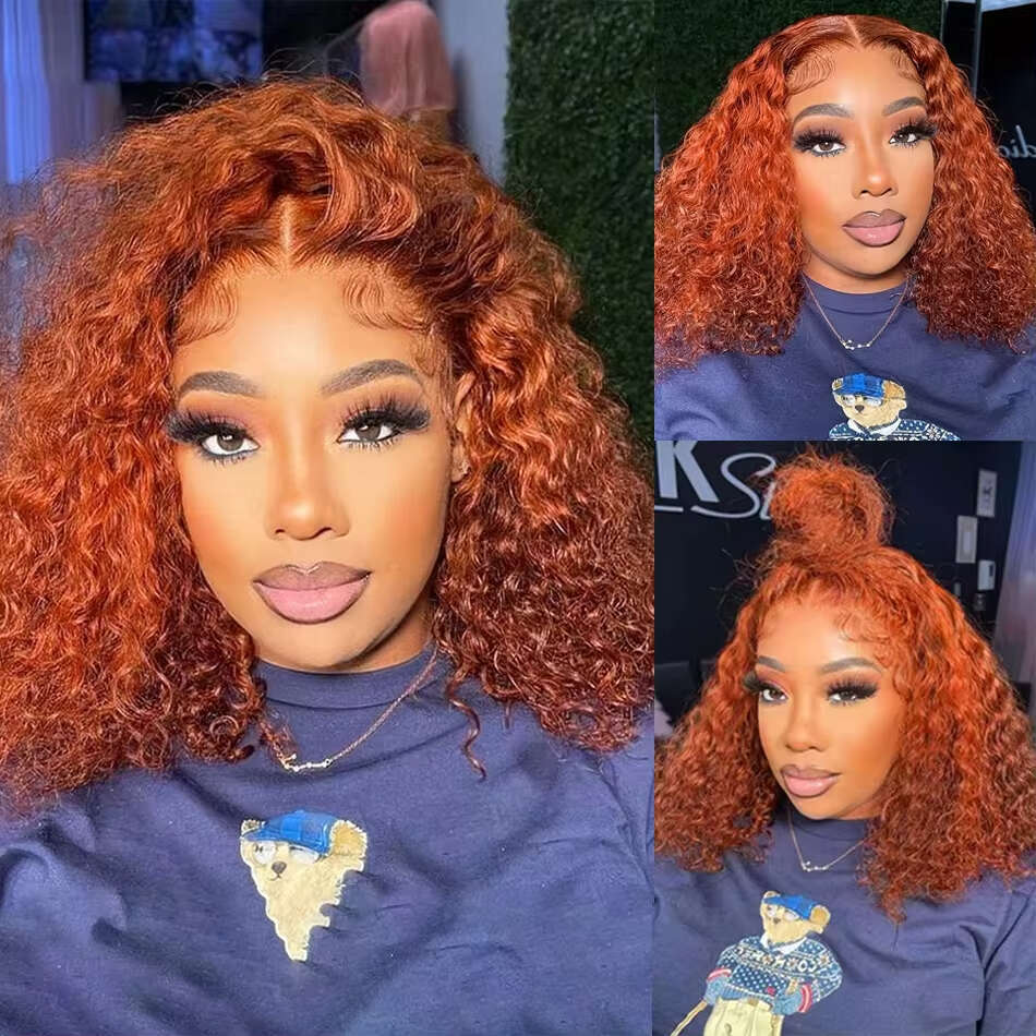 250 Density Orange Ginger 13X6 Frontal Wigs Short HD Deep Wave Human Hair Remy Brazilian 13X4 Bob Curly Lace Front Wig