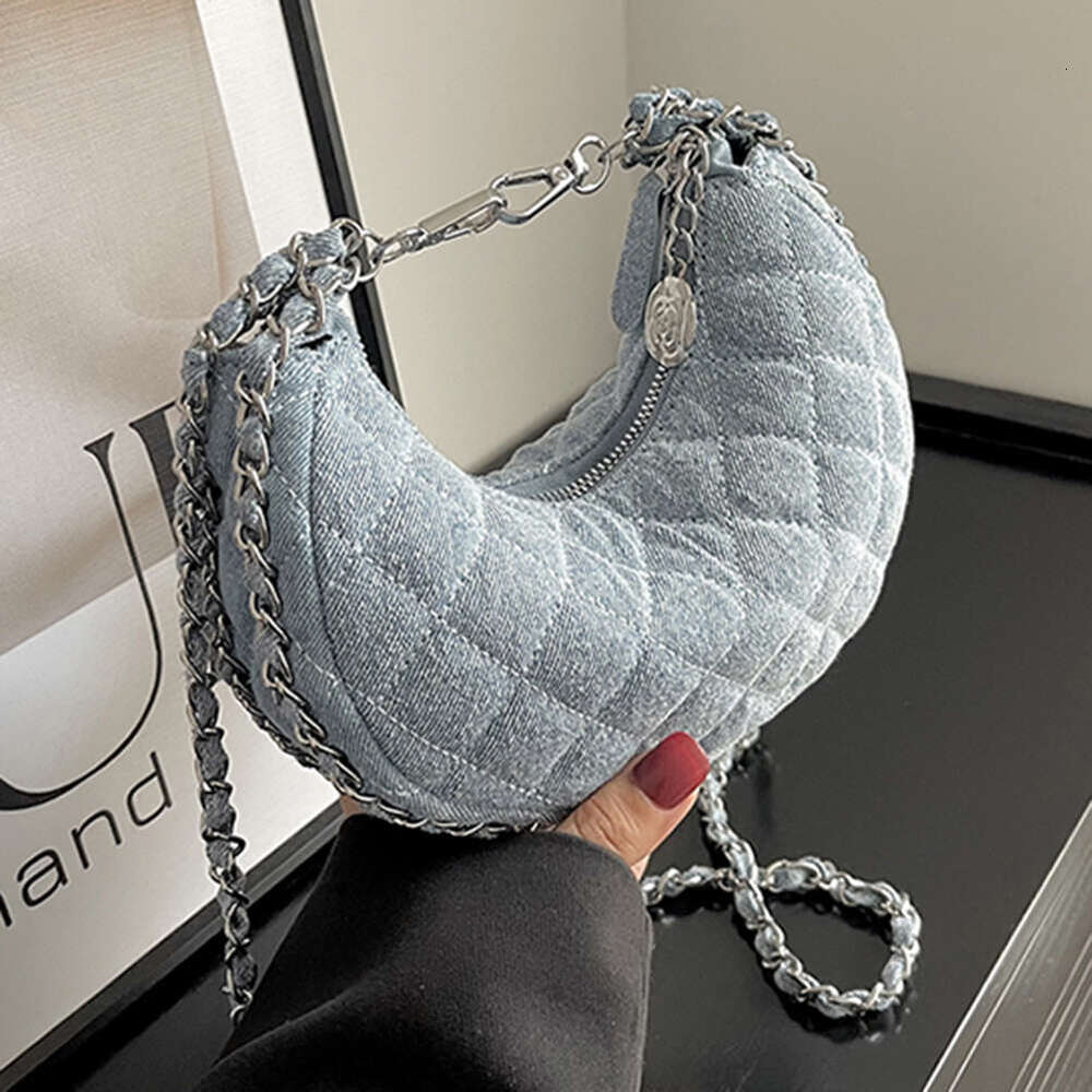 Designer Denim Brand Plaid Quilted Women's Shoulder Casual Chains Half Moon Crossbody Bag Ladies Handbag 2024 Trend Clutch 5077