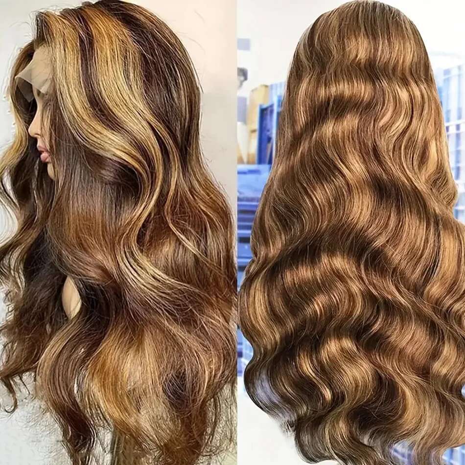 36 Inch 4/27 Highlight Body Wave Human Hair Brazilian Colored Ombre Blonde 13X4 Transparent Lace Frontal Wig For Women