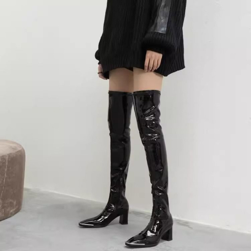 Free Shipping New Knee High Boots Designer Patent Leather Boots Women Thick Heels Winter Snow Martin Boots Over The Knee Boots Thick Soled Winter Boot