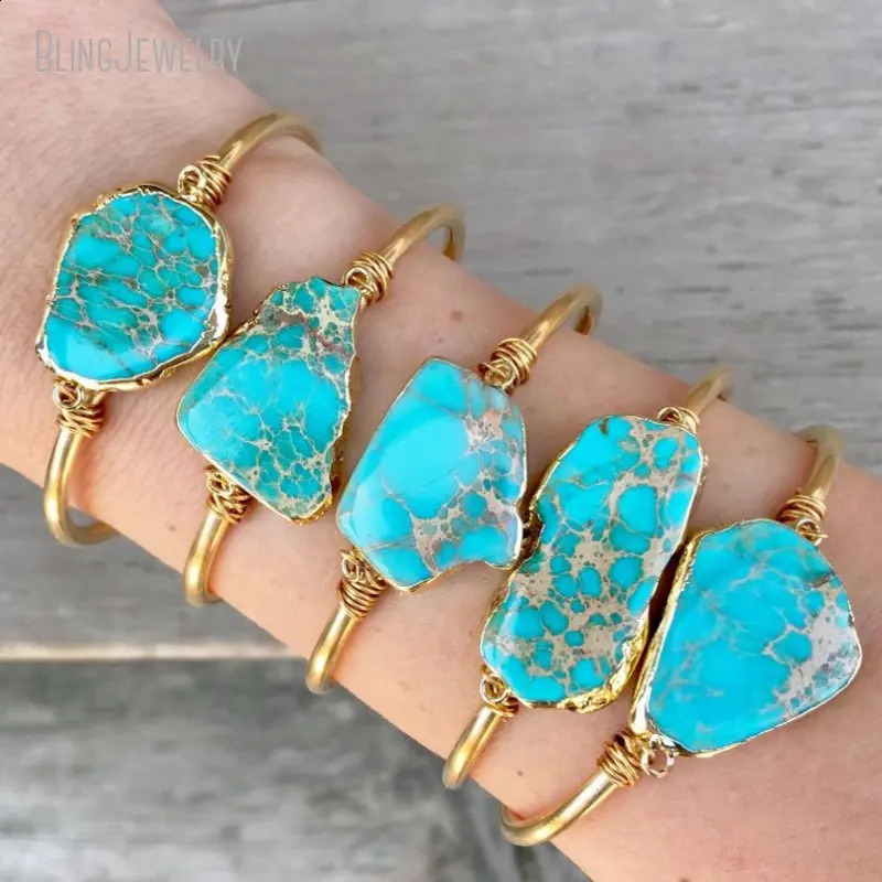 10pcs Turquoise Bangle Bracelet Sediment Jasper K Gold Color Stainless Steel Cuff Women Bridesmaid Gift Boho Wedding Jewelry 240914