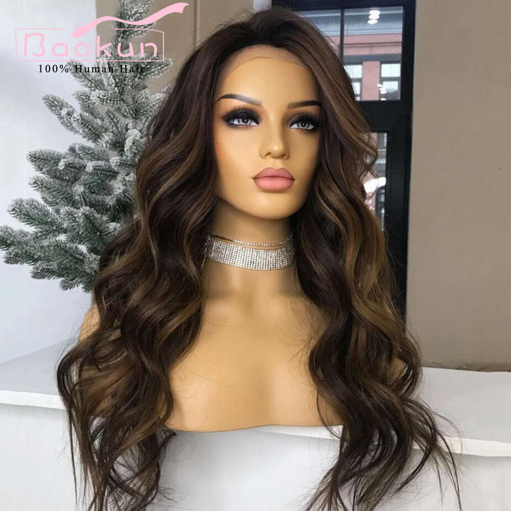 13X6 Brown Highlight 360 Frontal Wig Body Wave Lace Front Human Hair Wigs For Women Pre Plucked