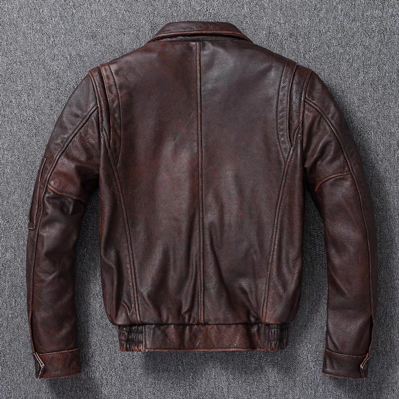 New Genuine Leather Vintage Stone Milled Top Layer Cowhide Bomber A2 Brown Men's Calfskin Motorcycle Jacket