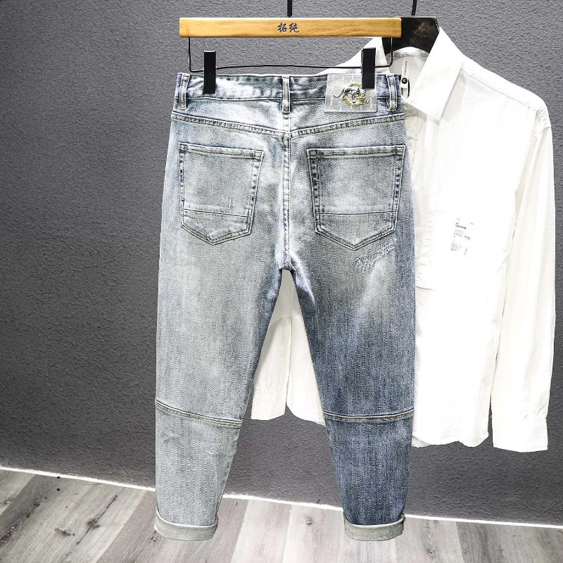 trend for autumn and winter mens straight slim fit jeans with torn hole patches retro cool and fashionable patchwork denim pants 240918