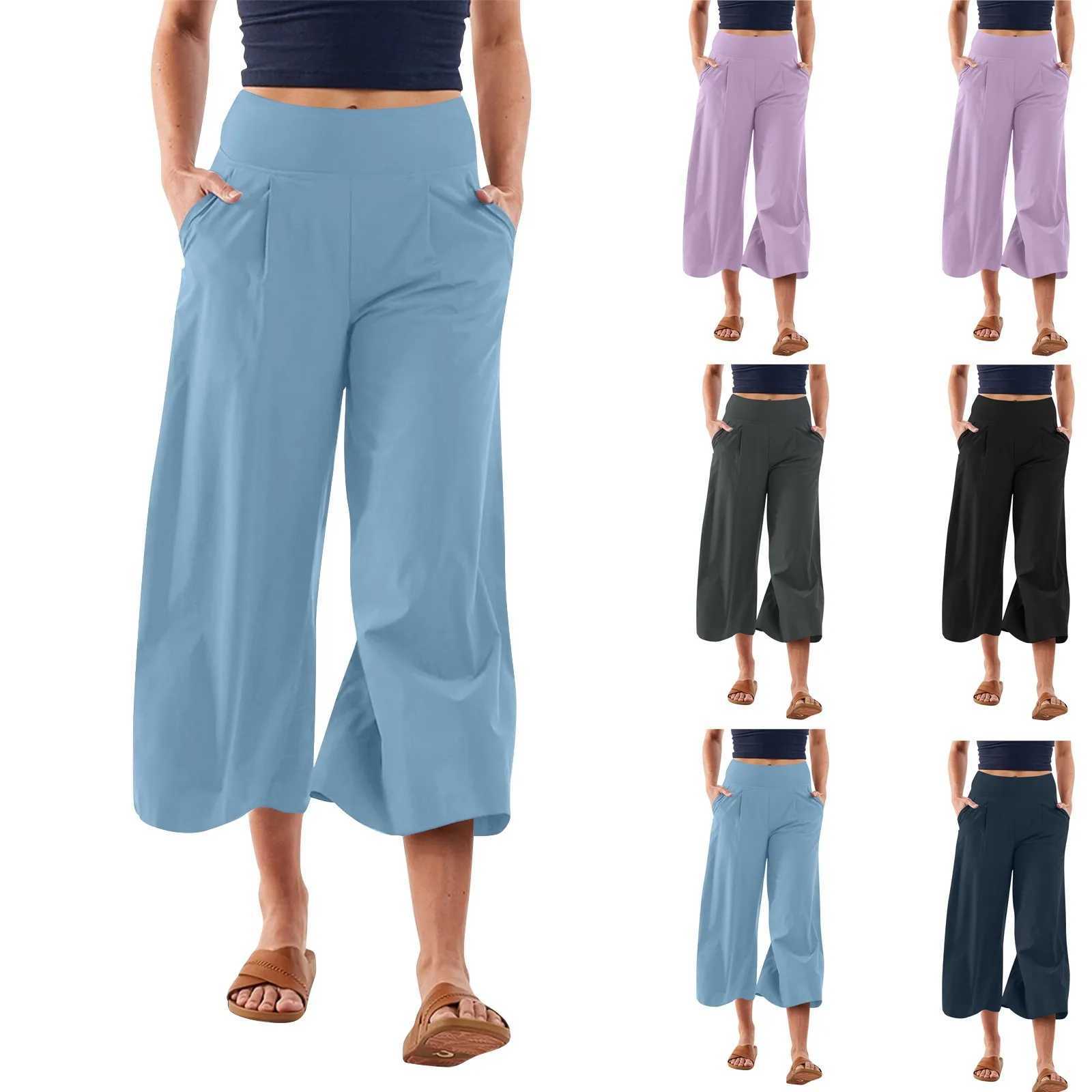 Womens Summer High Waisted Pants Casual Wide Leg Yoga Pants Loose Soft Cropped Culottes Gaucho Pants M240918