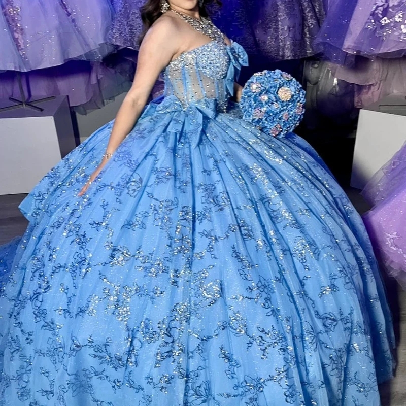 Sky Blue Shiny Off Shoulder Shiny Ball Gown Quinceanera Dresses Sequin Applique Beads Crystal Bow Sweet 16 Dress Vestidos 15 De Anos