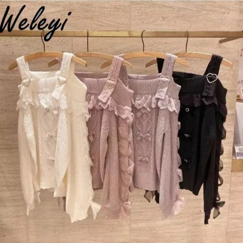 Jirai Kei Girl Knit Jumper Autumn Japanese Style Lolita Sweet Mine Off Shoulder Strap Lace Charming Knitted Sweater 240912