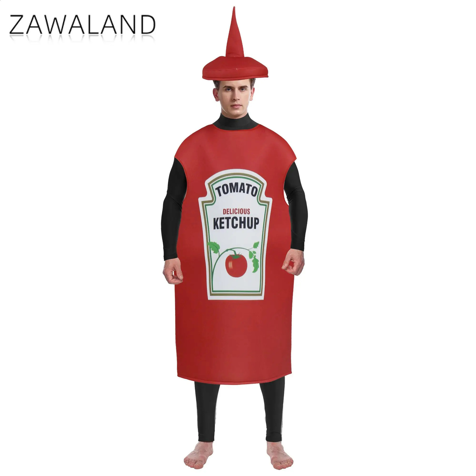 Zawaland Red Tomato Delicious Ketchup Costume Adult Boy Girl Funny Disguise Suit Yellow Mustard Halloween Cosplay Party Clothes 240906