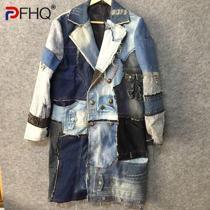 PFHQ Autumn Men's Patchwork Denim Worn Out Deconstruction Trench Coat Avant-Garde Double Breasted Techwear Windbreaker 21Z1042