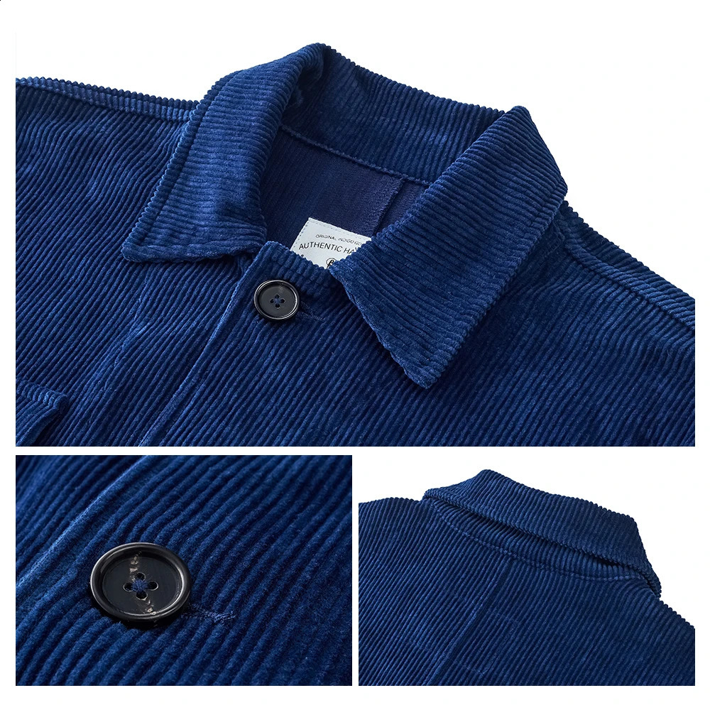 Vintage handmade indigo Corduroy jacket mens blue dyed lapel multi pocket French commodity autumn casual cardigan 240913