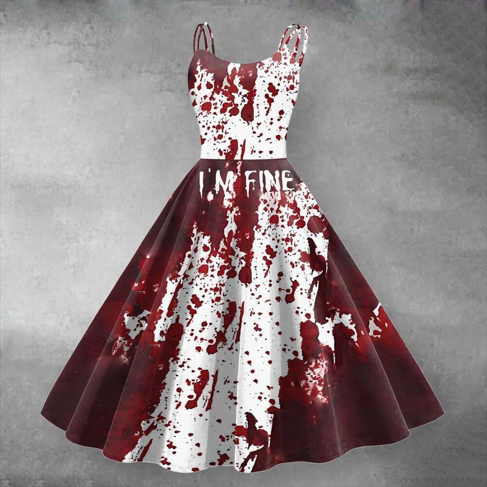 Women Dress Fashion Retro Halloween Cosplay Funny Horror Theme Bloody Printed Casual Suspender Strappy Dress Witch Costumes Ed1