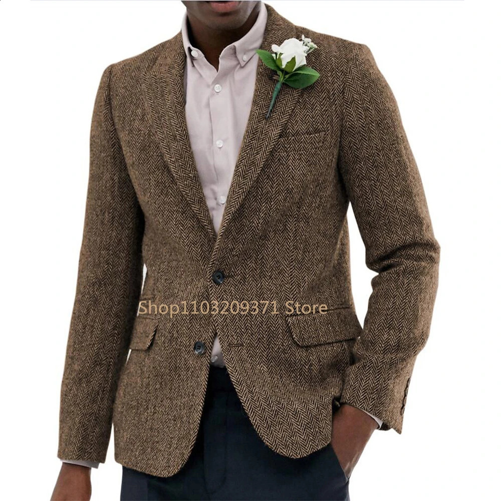 Mens Suit Brown Herringbone Blazer Prom Tuxedos Wool Tweed Single Breasted Formal Bussiness/Wedding Prom Jacket Only Coat 240911