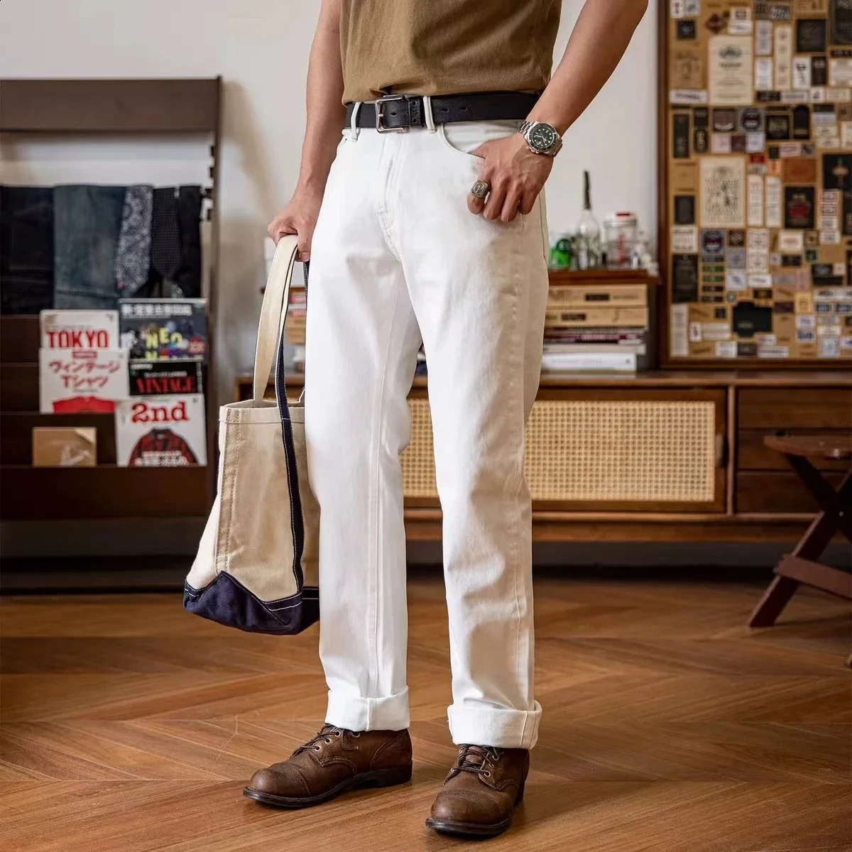 Red Tornado White Regular Straight Mens Jeans Rugged Style 14oz Selvage Denim Pants 240913