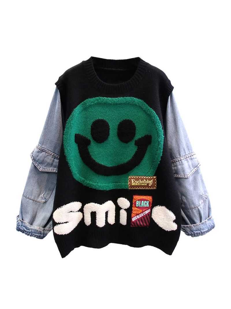 Smiling Face Loose Sweater Top Womens Denim Sleeves Round Neck Zipper Jumper Winter Fashion Street Clothing Fashion Knitted W240918