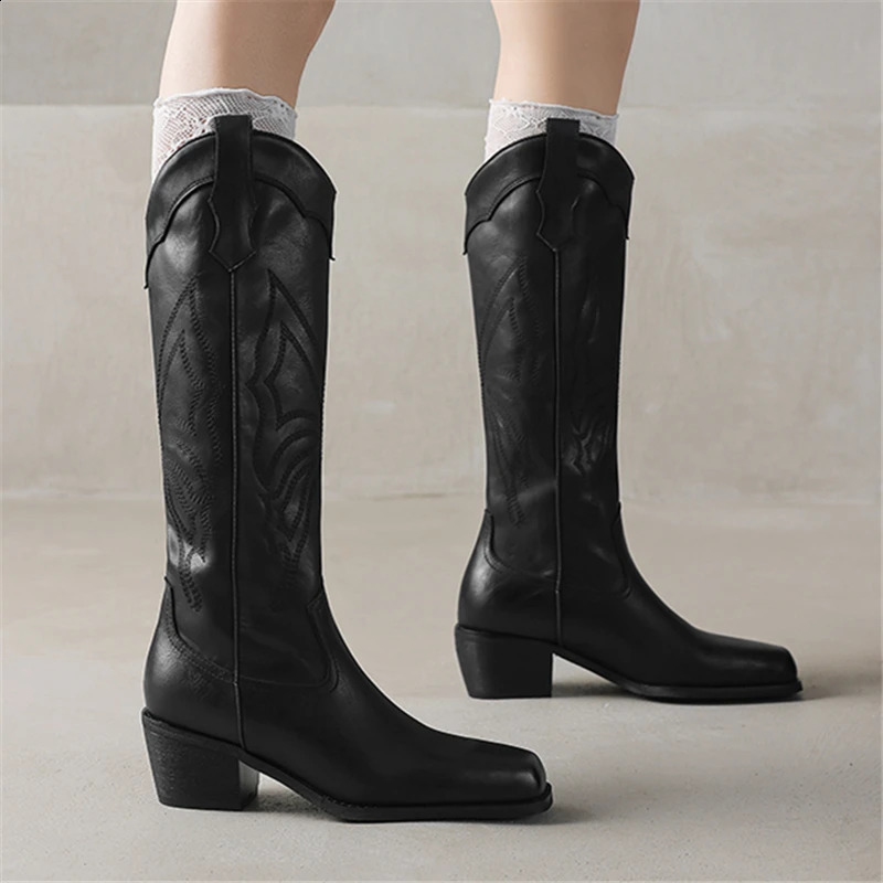 Genuine leather womens knight boots with thick heels square toes embroidered western cowboy boots womens fully matched casual long Botas 240914