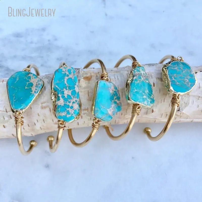 10pcs Turquoise Bangle Bracelet Sediment Jasper K Gold Color Stainless Steel Cuff Women Bridesmaid Gift Boho Wedding Jewelry 240914