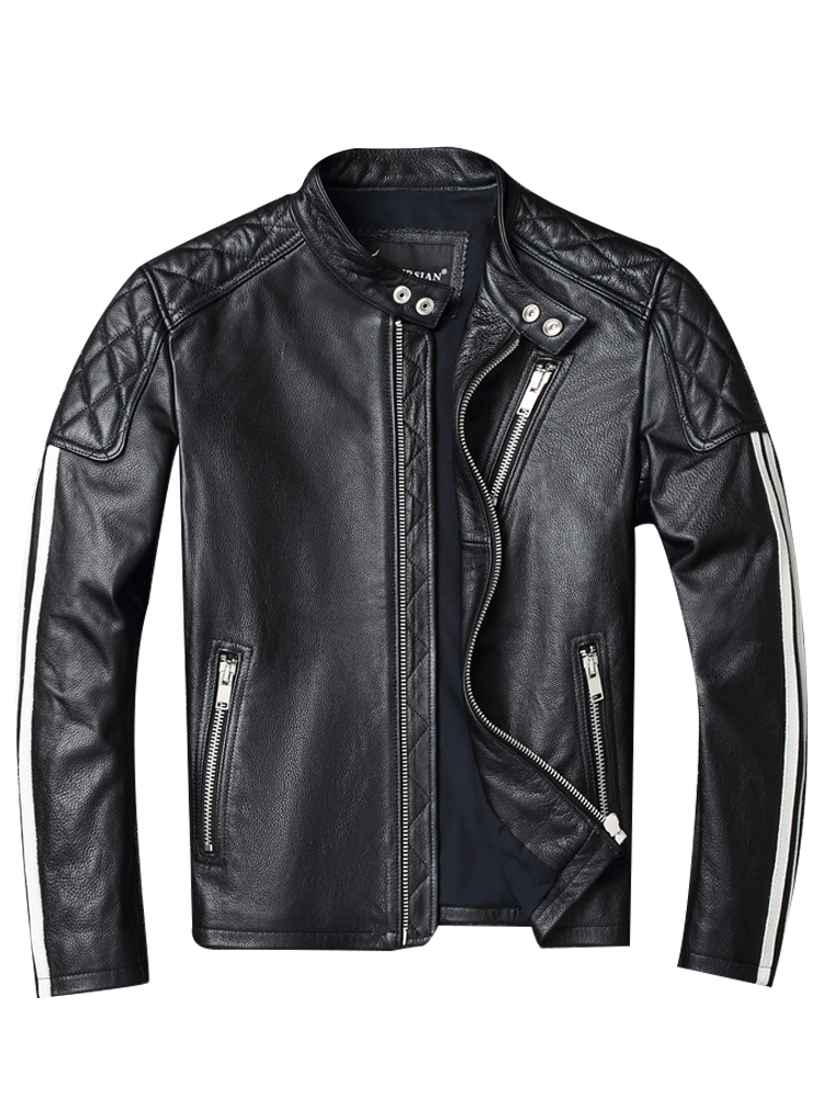2021 New Fashion Men Jacket 100% Genuine Cowhide Coat White Stripes Cool Biker Slim Short Autumn Leather Clothing.
