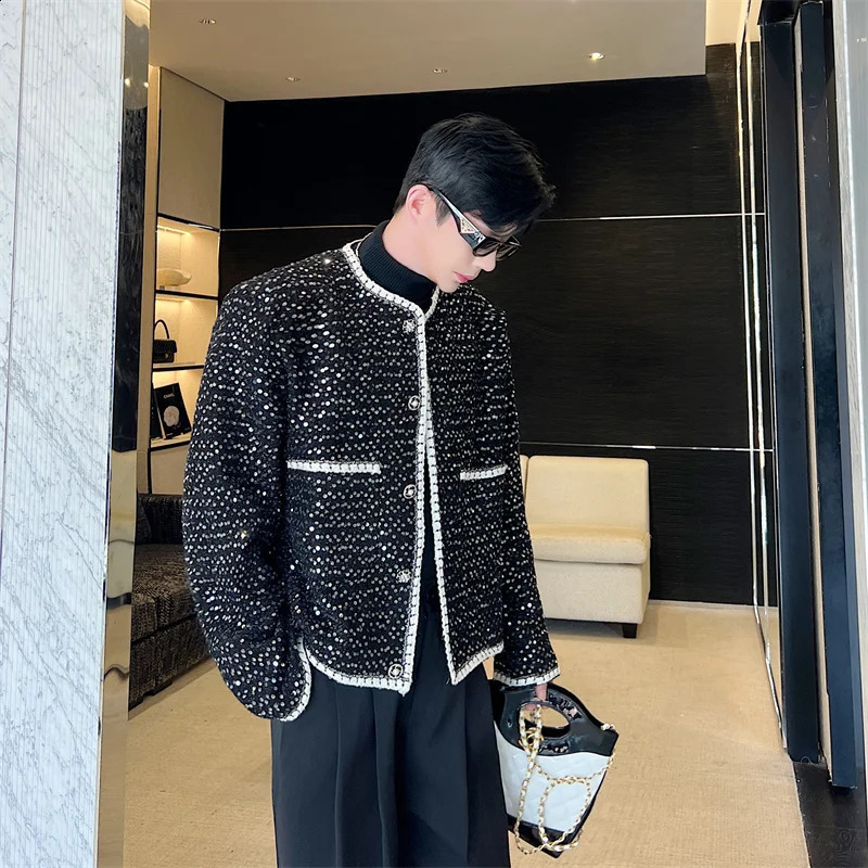 NOYMEI jacket Temperament Flowing Light Black Silver Sequin Thick Tweed Classic Small Fragrant Outline Coat men autumn WA2835 240911