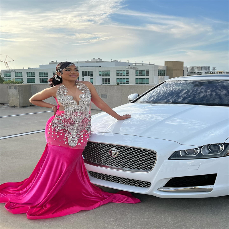 Elegant Fuchsia Prom Dresses 2025 Diamond Crystal Mermaid Evening Dress Black Women Velvet Birthday Party Gown Engagement Wear Formal Occasion Dress C