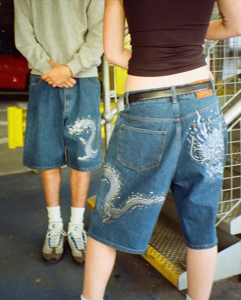 Bounty Dragon Pattern Hip Loose Denim Shorts Men Women Y2K Summer Retro Fashion Goth Men Basketball Shorts Streetwear 240913