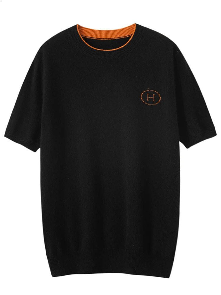 Spring Summer Men 100 Cashmere Sweater ONeck Short Sleeves Pullover H Contrast Color Knitwear Soft Casual Knitting Top 240907