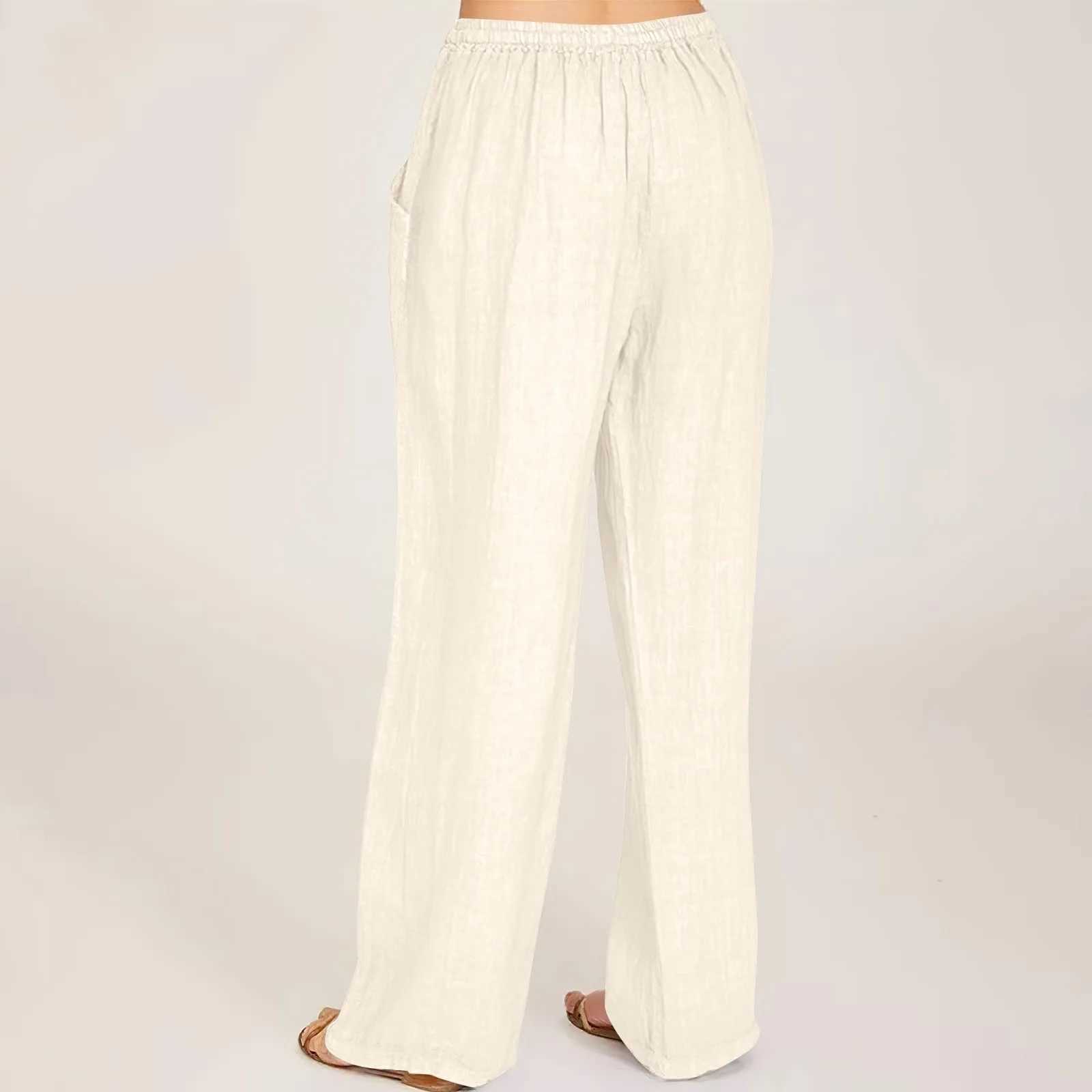 New Cotton Linen Pants Womens Elastic High Waist Palazzo Trousers Drawstring Wide Leg Yoga Fitness Female Loose Casual Pants M240918