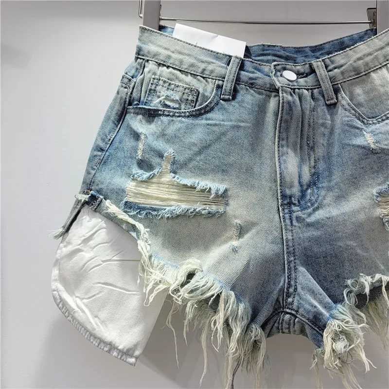 2024 Summer New Womens Pink Hole Denim Shorts High Waist Slimming Spicy Girl A-line Ragged Edge ShortsX240918