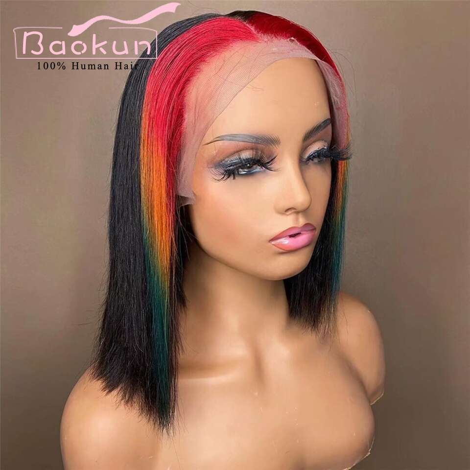 Short Highlight Frontal Wig 13X6 360 Straight Lace Front Red Yellow Blue Glueless Bob Human Hair Wigs
