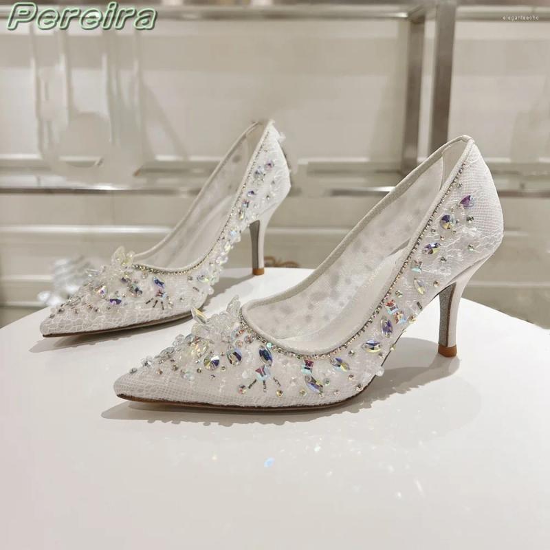 2025 S Fashion Designer Sandals Pereira Crystal Wers Stiletto Pointed Toe High Heels Cover Heel Slip On Colorful Rhie Women Wedding Shoes