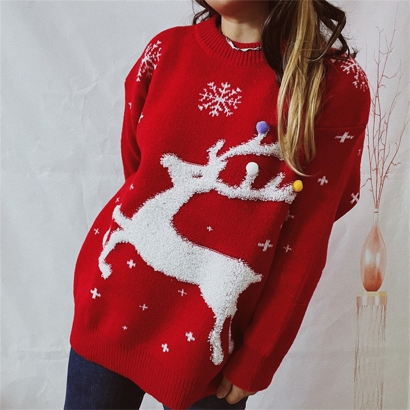 OMCHION Sueter Feminino Korean Style Women Christmas Sweater Casual Loose Pullover Red Fashion Warm Knitted Tops 240911